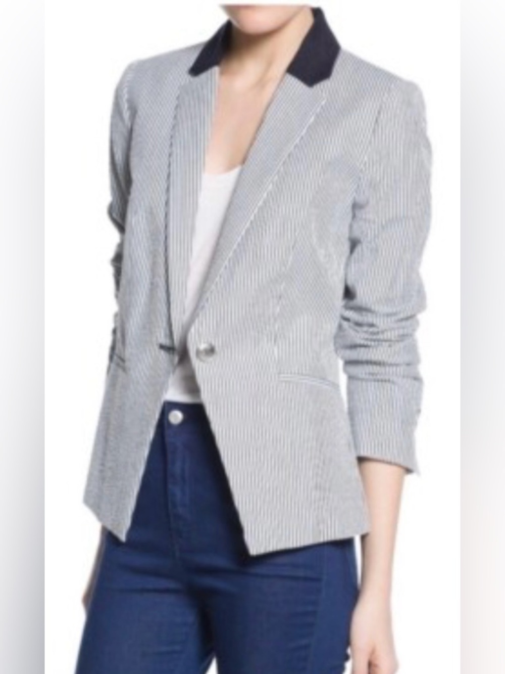 Mango Blue White Striped Seersucker Blazer With Silver Tone, Branded Buttons